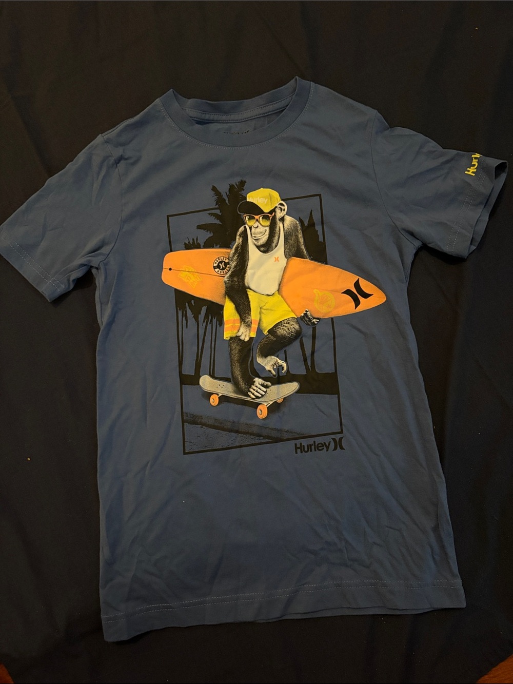 Hurley Blue Short-Sleeve Graphic Tee with Orange Surfboard Monkey